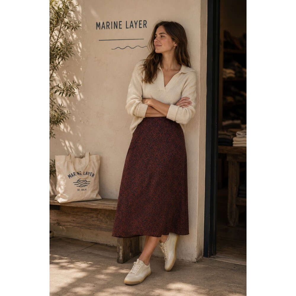 MARINE LAYER Women's New Skirt 8 Ryan Midi Slip Deep Cheetah 18013
